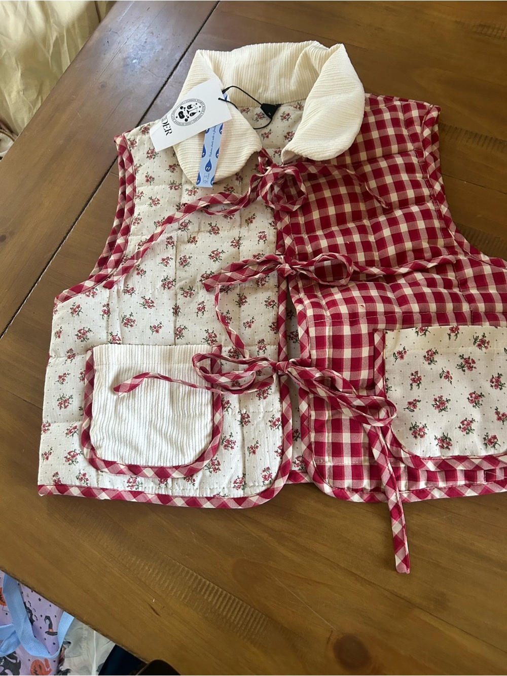 NWT CIDER OVERSIZED CONTRAST CHECK TIE FRONT BOW VEST - Picture 14 of 16